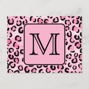 Anpassningsbar Monogram. Black and Rosa Leopard Pr Vykort