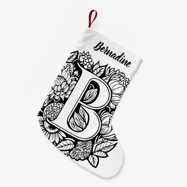 Anpassningsbar Monogram Black and White Blommigt T Liten Julstrumpa (Framsidan (Hängande))