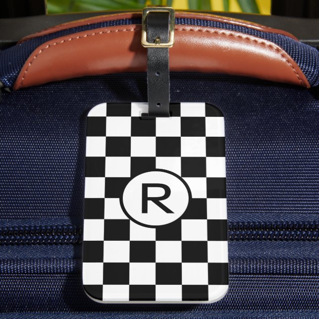 Anpassningsbar Monogram Black and White Checkated  Bagagebricka (Framsida Insitu 2)