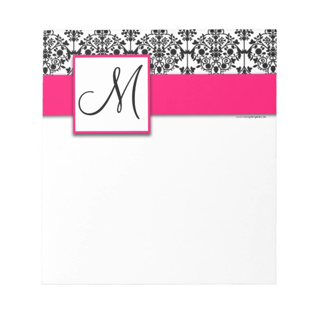 Anpassningsbar Monogram Black Damask Shock rosa An Anteckningsblock (Framsida)