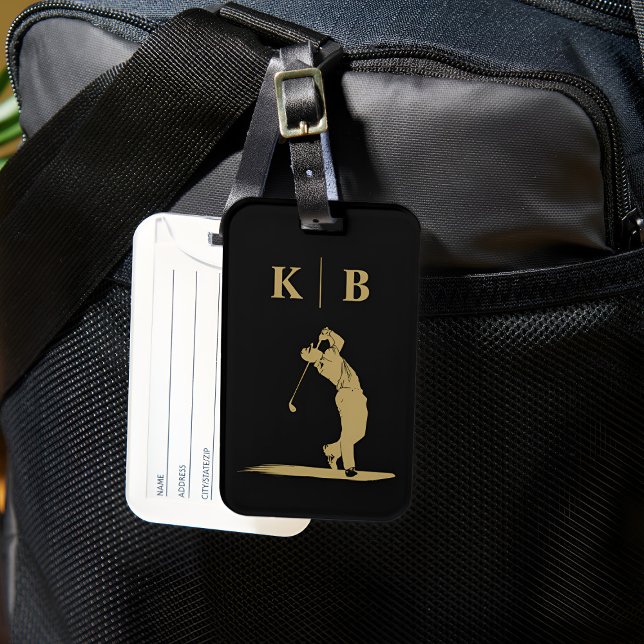Anpassningsbar Monogram Black Guld Personlig Golf Bagagebricka (Custom Monogram Black Gold Personalized Golf Luggage Tag)