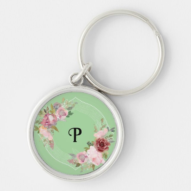 Anpassningsbar Monogram Blommigt Trådlösa Charger Rund Silverfärgad Nyckelring (Framsidan)