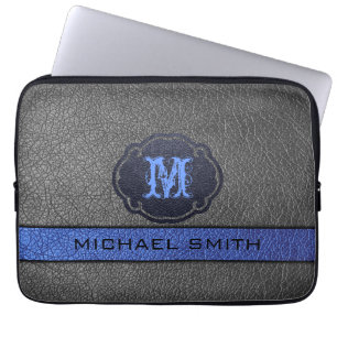 Anpassningsbar Monogram Blue and Black Leather Laptop Sleeve