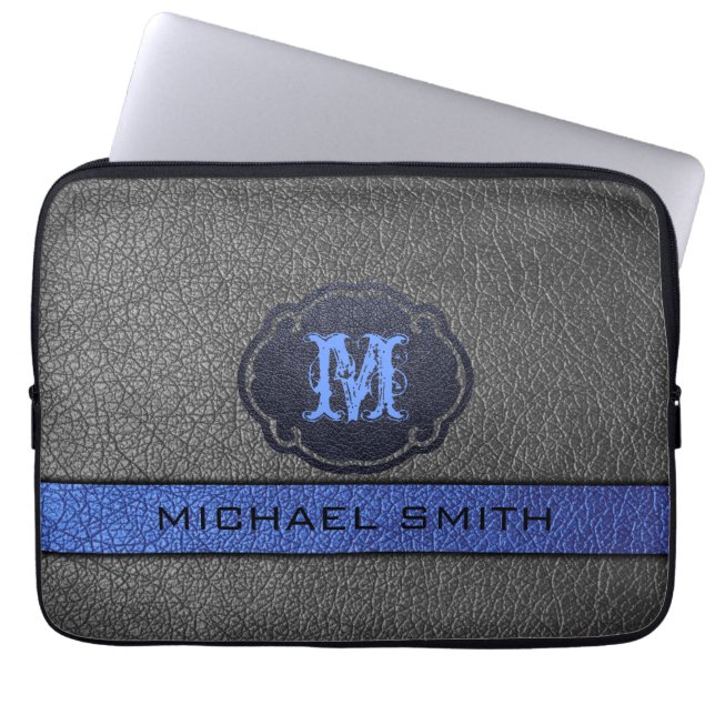 Anpassningsbar Monogram Blue and Black Leather Laptop Sleeve (Framsidan)