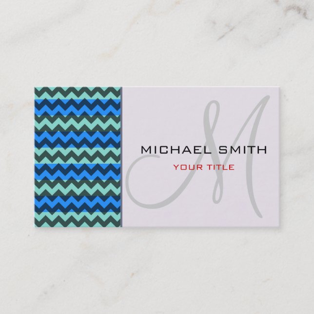 Anpassningsbar Monogram Blue Chevron Zigzag Mönste Visitkort (Framsida)