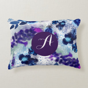 Anpassningsbar Monogram Blue Lila blommor Mönster Prydnadskudde