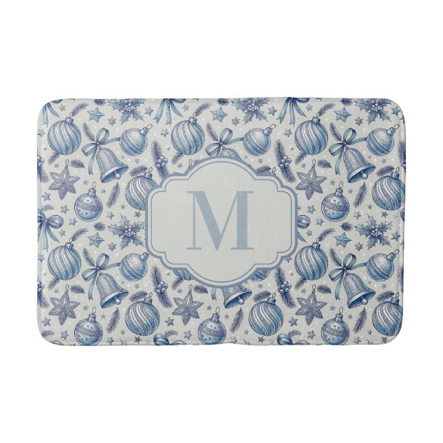 Anpassningsbar Monogram Blue Toile jul Ornaments Badrumsmatta (Framsidan)