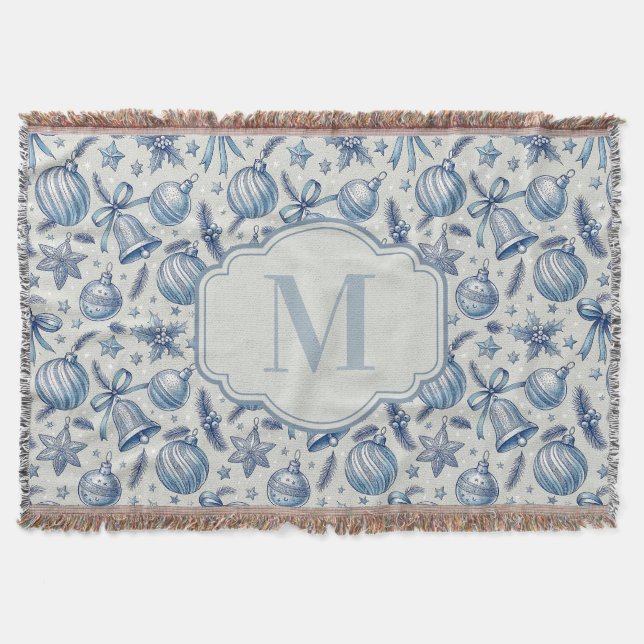 Anpassningsbar Monogram Blue Toile jul Ornaments Filt (Framsidan)