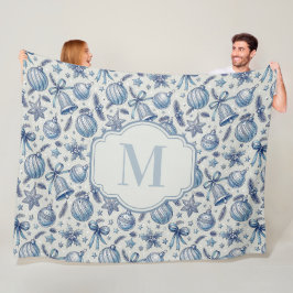 Anpassningsbar Monogram Blue Toile jul Ornaments Fleecefilt