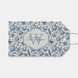 Anpassningsbar Monogram Blue Toile jul Ornaments Presentetikett