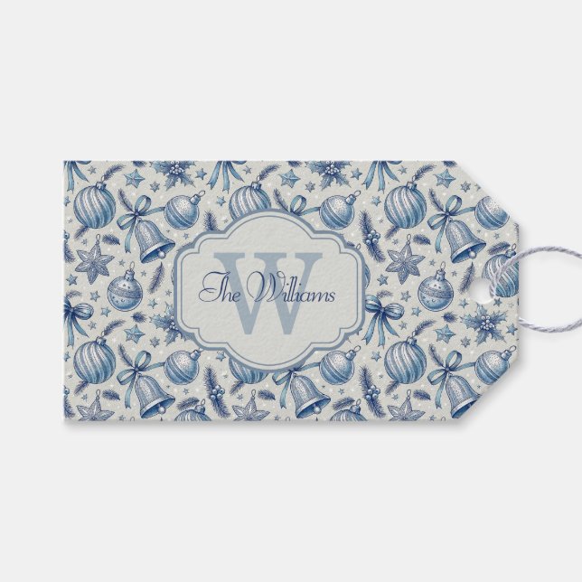 Anpassningsbar Monogram Blue Toile jul Ornaments Presentetikett (Framsidan (Horisontell))