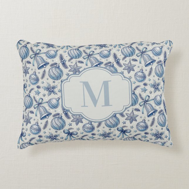 Anpassningsbar Monogram Blue Toile jul Ornaments Prydnadskudde (Framsidan)