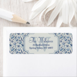 Anpassningsbar Monogram Blue Toile jul Ornaments Returadress Etikett