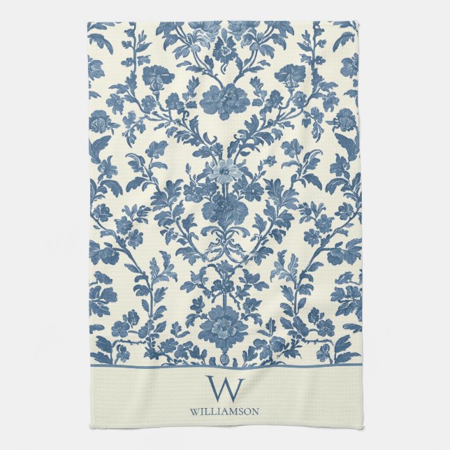 Anpassningsbar Monogram Blue Toile Kitchen Towel Kökshandduk (Vertikal)