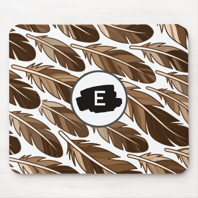 Anpassningsbar Monogram Boho Mousepad - Brun fjädr Musmatta (Framsidan)