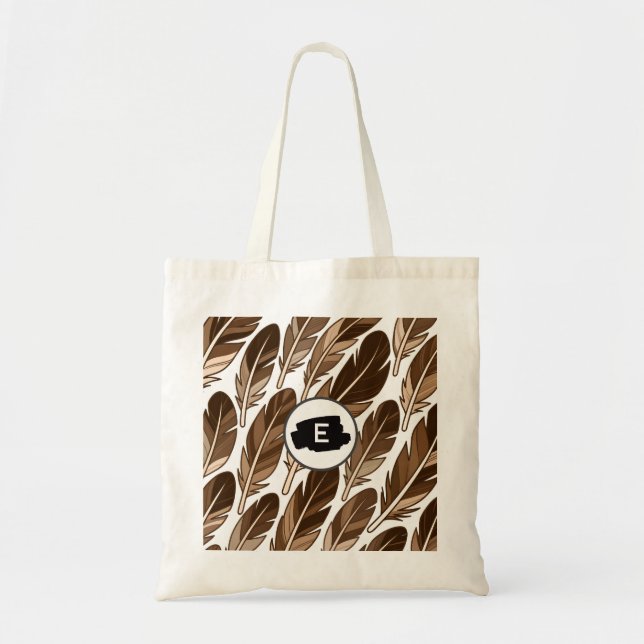 Anpassningsbar Monogram Boho Tote Bag - Brun fjädr Tygkasse (Framsidan)