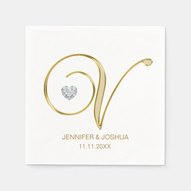 Anpassningsbar Monogram Brev V Guld Heart Bröllop  Pappersservett (Framsidan)