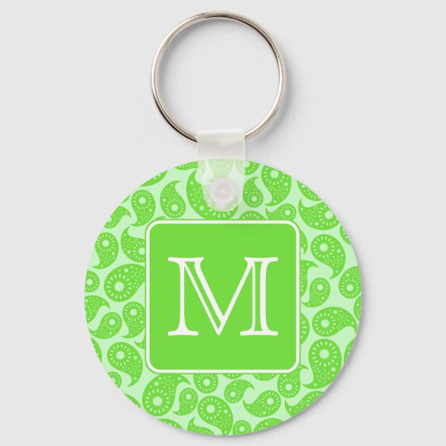 Anpassningsbar Monogram. Bright Grönt Paisley Möns Nyckelring (Framsida)