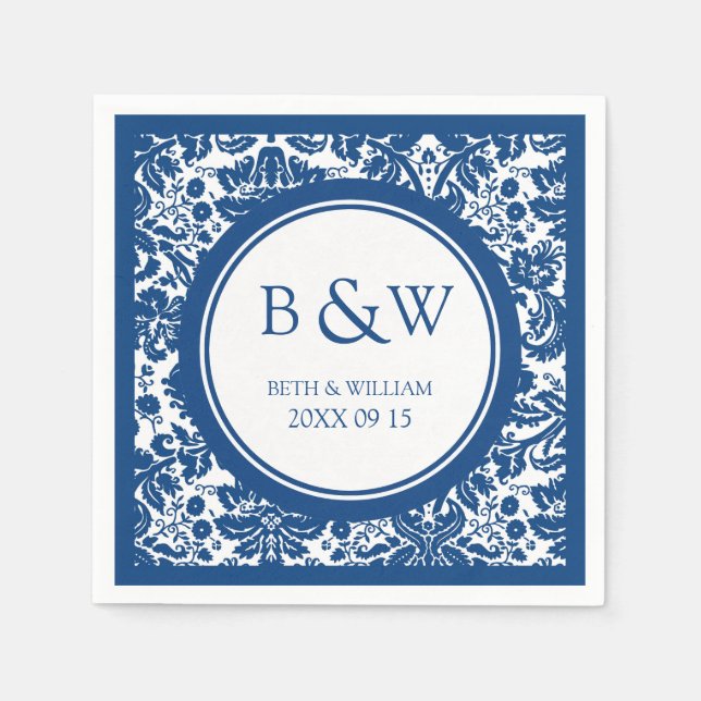 Anpassningsbar Monogram Bröllop Napkin Blue Damask Pappersservett (Framsidan)