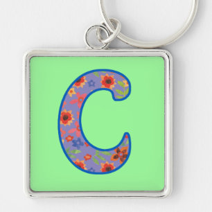 Anpassningsbar Monogram C Keychain, Ditsy-Blommöns Fyrkantig Silverfärgad Nyckelring
