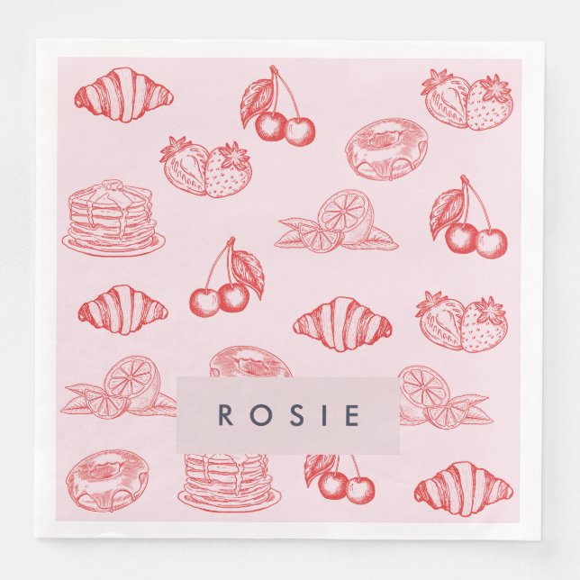 Anpassningsbar Monogram Charming Girly Cherry Stra Pappersservett (Framsida)