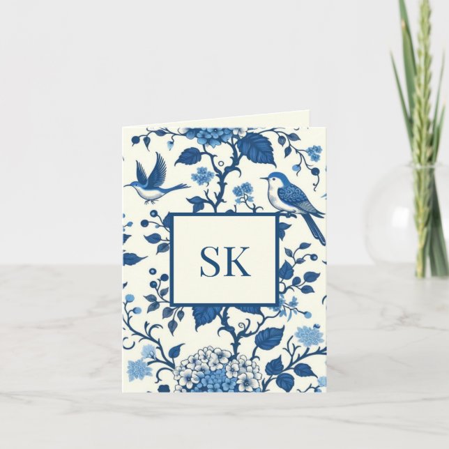 Anpassningsbar Monogram Chinoiserie Blue and White Anteckningskort (Framsida)