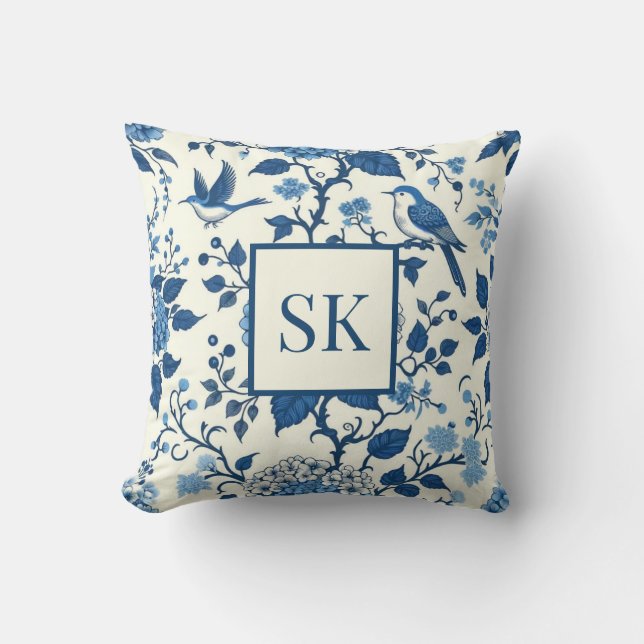 Anpassningsbar Monogram Chinoiserie Blue and White Kudde (Framsida)