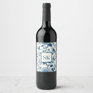 Anpassningsbar Monogram Chinoiserie Blue and White Vinflaska Etikett