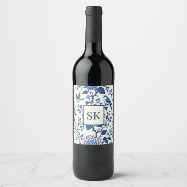 Anpassningsbar Monogram Chinoiserie Blue and White Vinflaska Etikett (Framsida)