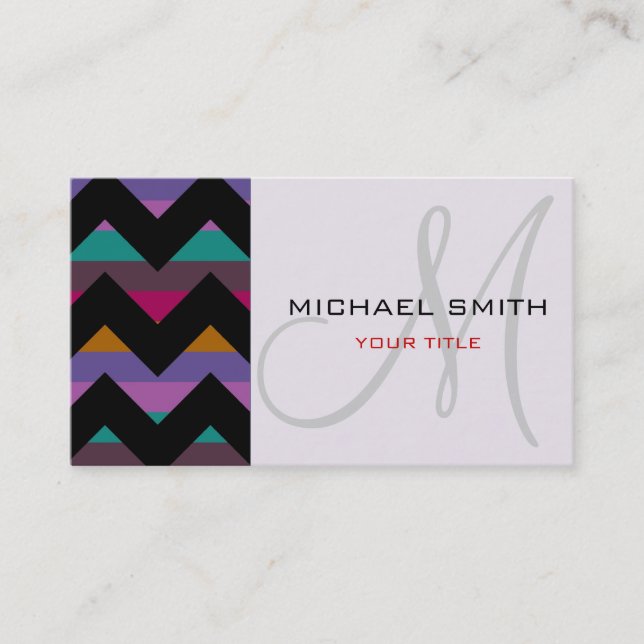 Anpassningsbar Monogram Colorful Chevron Zigzag Mö Visitkort (Framsida)