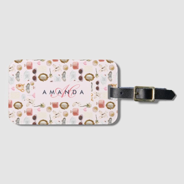 Anpassningsbar Monogram Coquette Cute Girly Rosa F Bagagebricka (Framsida horisontal)