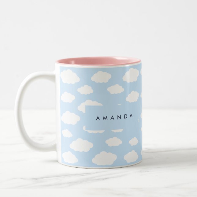 Anpassningsbar Monogram Cute Girly Blue Cloud Gift Två-Tonad Mugg (Vänster)