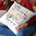 Anpassningsbar Monogram Det här är vårt fotokollag Kudde<br><div class="desc">Monogramkudde med orden "this is us" i ett skript för snyggt med 8 fyrkantiga bilder som arrangeras i en rutnätslayout på fram- och baksidan skapar det totalt 16 bilder som du kan ersätta med egna foton mot en vit bakgrund. Du kan också lägga till din familjeferminal för monogrammet och ändra...</div>