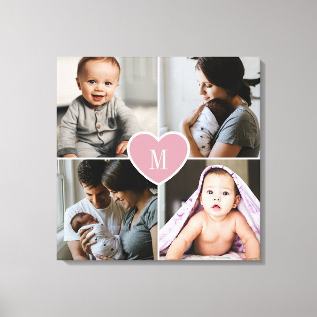 Anpassningsbar Monogram Family Photo Collage Rosa  Canvastryck (Framsida)