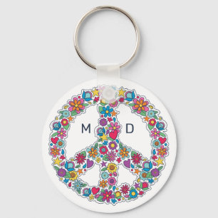 Anpassningsbar Monogram Flower Fredstecken Nyckelring