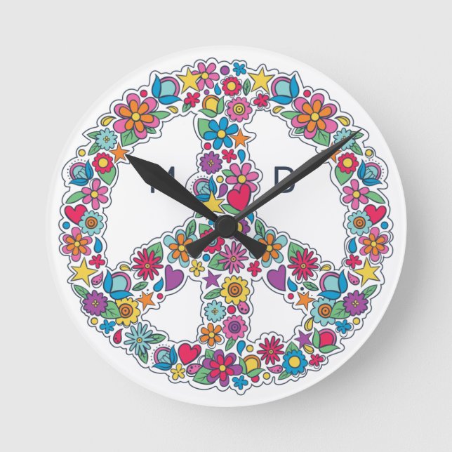 Anpassningsbar Monogram Flower Fredstecken Rund Klocka (Framsida)