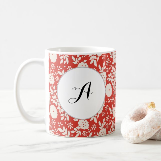 Anpassningsbar Monogram Flower Mönster Red Kaffemugg (Med munk)