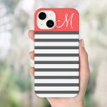 Anpassningsbar Monogram för korall och stenkol i R<br><div class="desc">Utformning av Snyggt för Trendig i Cute Modern Girly Chic med Preppy Vågrät Rand och Solid Färg Block med Anpassningsbar Personlig Monogram Initial Brev</div>