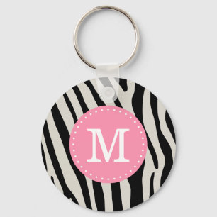 Anpassningsbar Monogram för ljusa rosa Zebra Rand Nyckelring