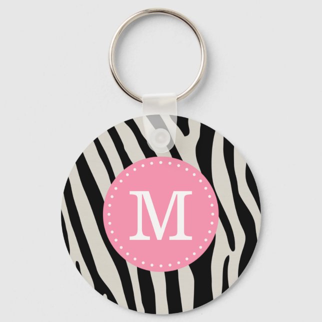 Anpassningsbar Monogram för ljusa rosa Zebra Rand Nyckelring (Framsida)