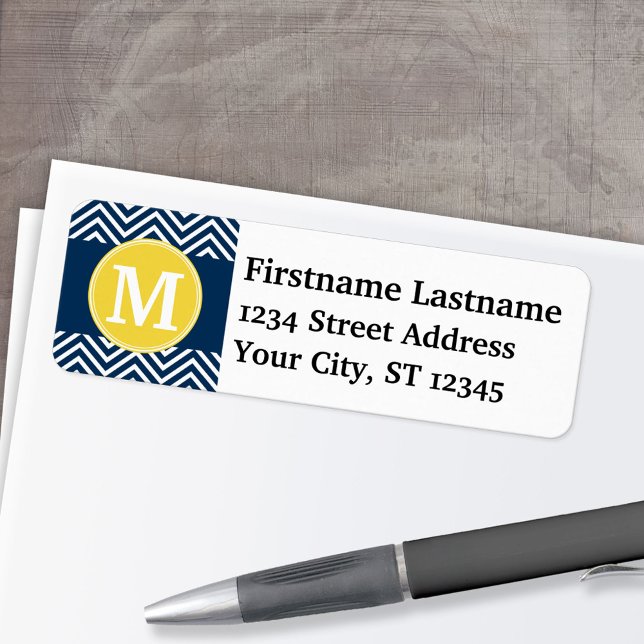 Anpassningsbar Monogram för marin och vit Chevron  Returadress Etikett (Custom Return Address Label)
