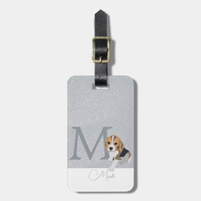 Anpassningsbar Monogram för silver Glitter Beagle  Bagagebricka (Vertikal Framsida)