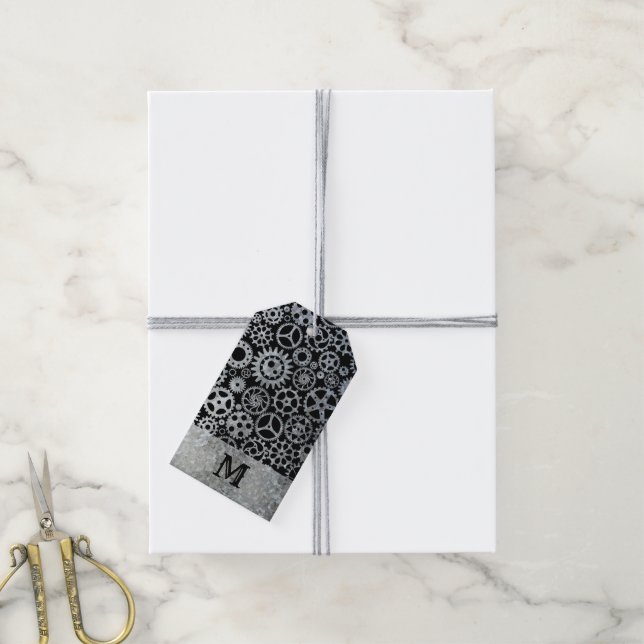 Anpassningsbar Monogram för Steampunk Silver Zinc  Presentetikett (Med Snöre)