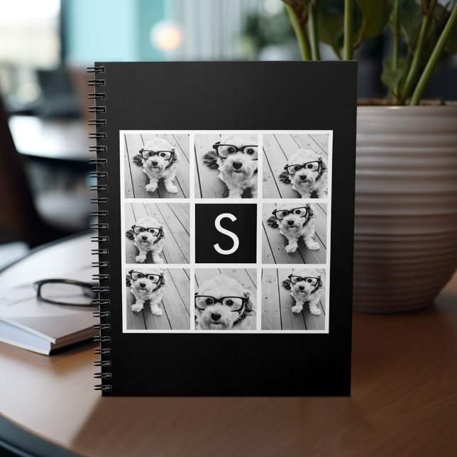 Anpassningsbar Monogram för svartvitt fotokollage Anteckningsbok Med Spiral (Personalized notebook - add photos and custom text)