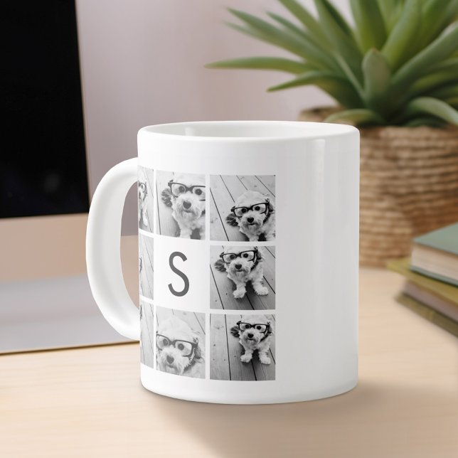 Anpassningsbar Monogram för svartvitt fotokollage Jumbo Mugg (Personalized mug)