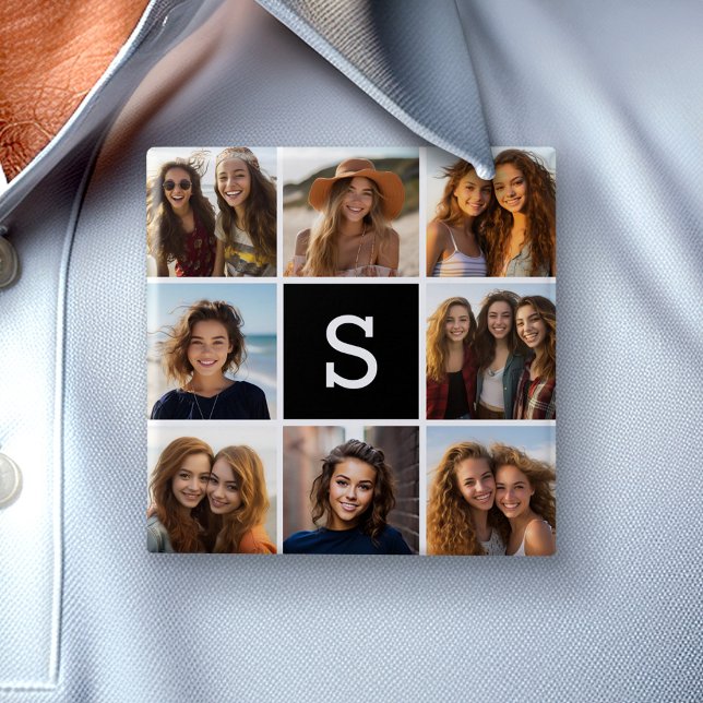 Anpassningsbar Monogram för svartvitt fotokollage Knapp (Custom Photo Button)