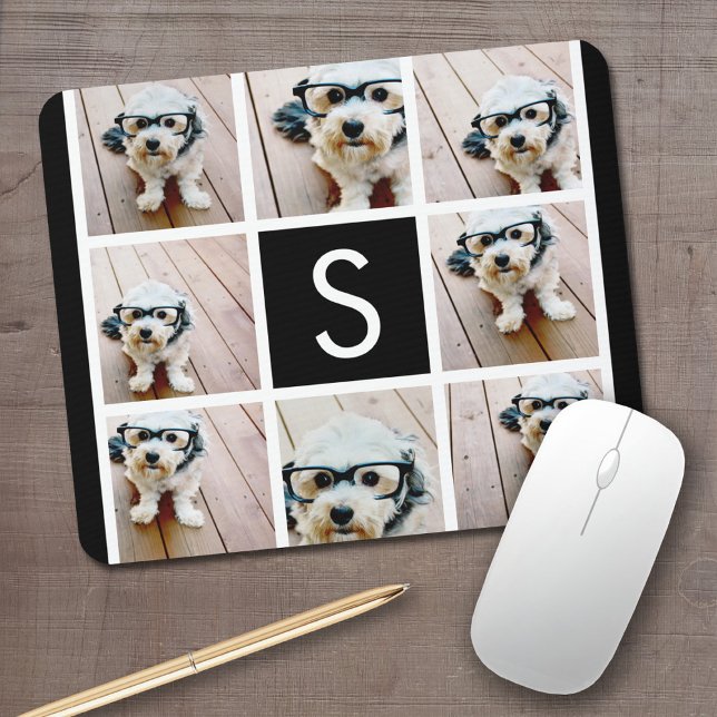 Anpassningsbar Monogram för svartvitt fotokollage Musmatta (Personalized mouse pad with your photos and text)