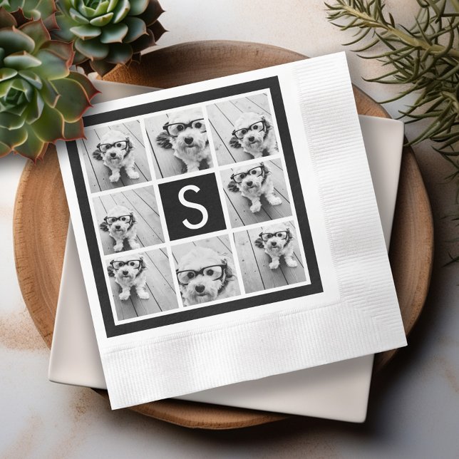 Anpassningsbar Monogram för svartvitt fotokollage Pappersservett (Personalized Photo Napkins)