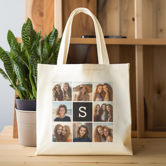 Anpassningsbar Monogram för svartvitt fotokollage Tygkasse (Personalized tote bag - photo collage and monogram)