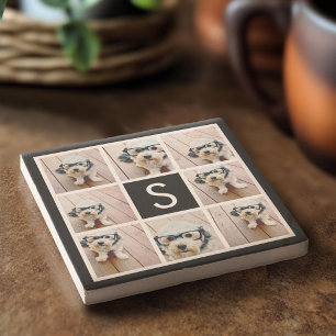 Anpassningsbar Monogram för svartvitt fotokollage Underlägg Sten